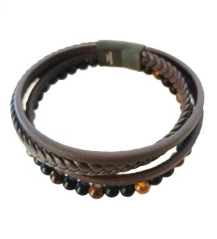 Pulsera marrón con cuentas de Cuero ecológico de acero Inoxidable