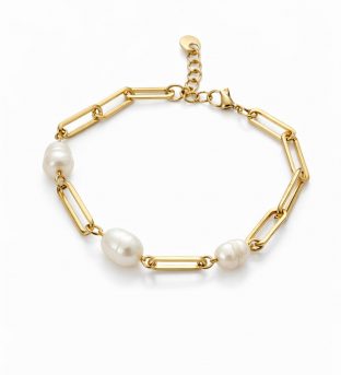 pulsera de caenda y perlas dorada
